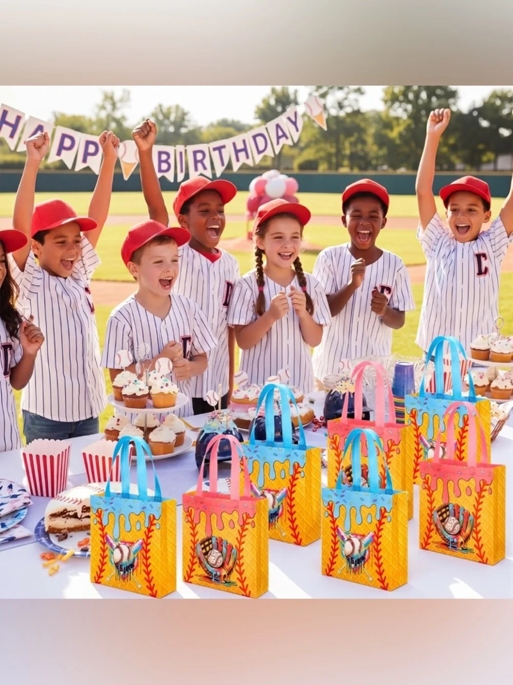 Party Favor Tote Bags - Blue & Pink Ice Cream Drip Baseball Design